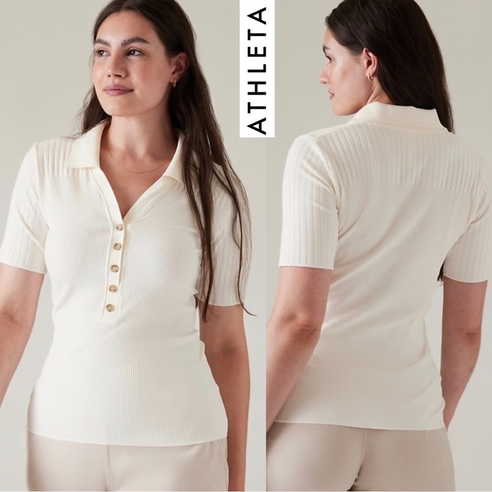 Athleta Luxe Seamless Polo Tee - Minimalist Collared Top - Cream - L